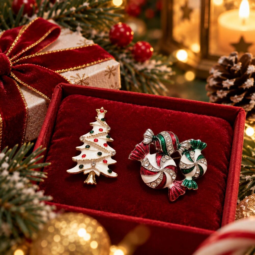 Christmas Brooch Lot White Tree Peppermint Candy Rhinestone Holiday Pins Festive